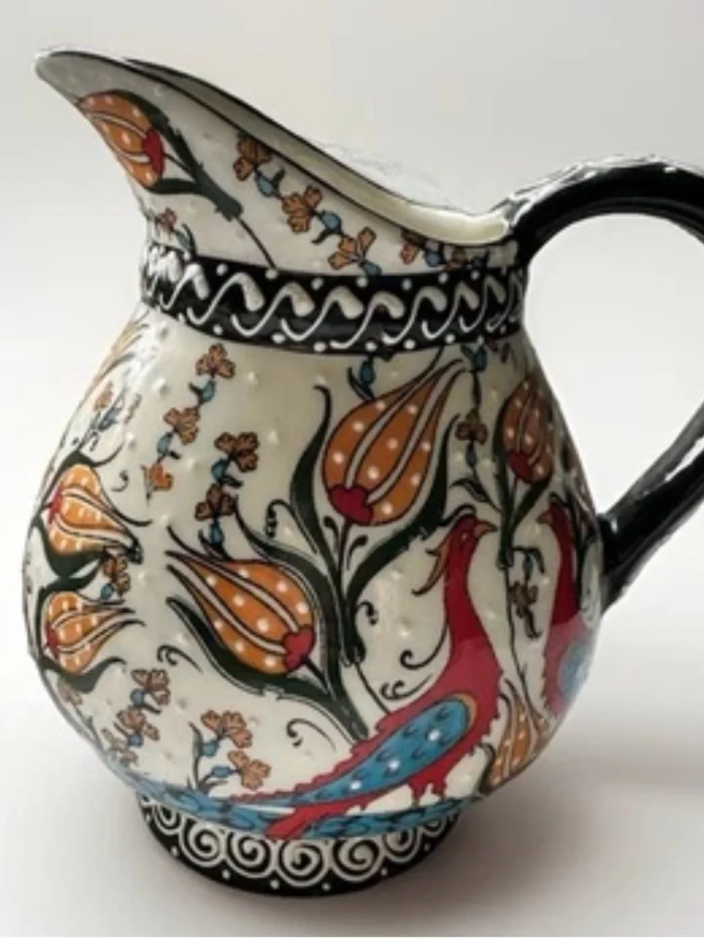 Nakkas Cini Hand Painted Turkish Ceramic Pitcher Flower Pottery Stunning